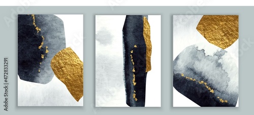 Elegant abstract watercolor wall art triptych. Composition in black, white, grey, gold. Modern design for print, card,