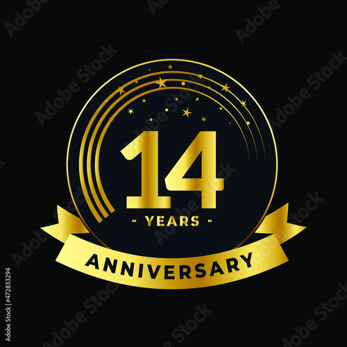 Fourteen Years Anniversary Gold and Black Isolated Vector