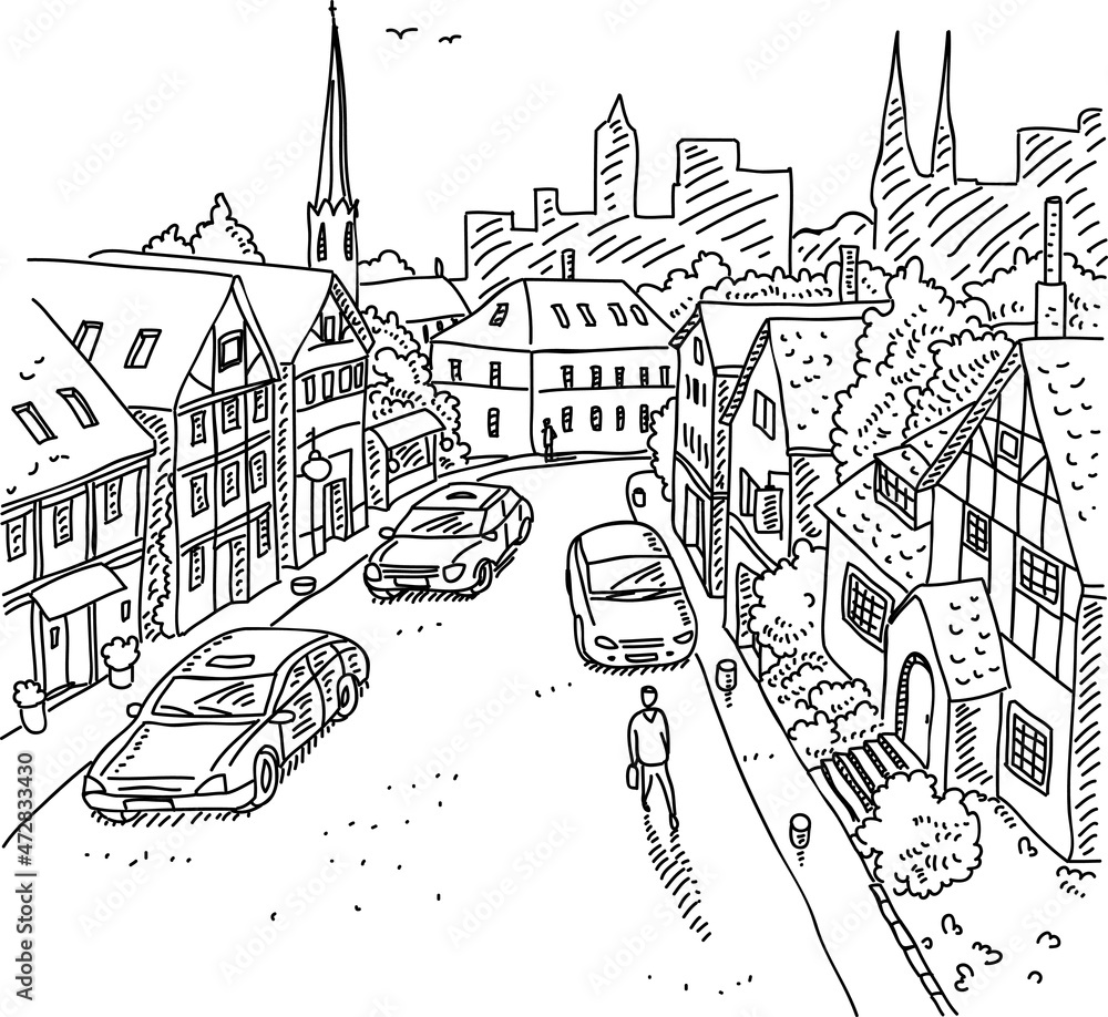 Street in Bavaria - sketchy hand-drawn vector illustrations. 