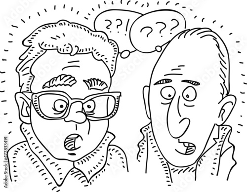 Two surprised men's faces - sketchy hand-drawn vector illustration. 