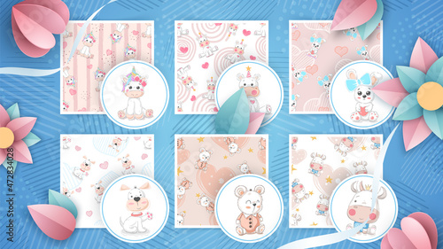 Set seamless pattern - cute animal