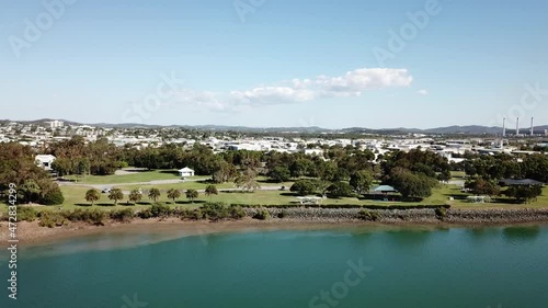 Drone aerial over Gladstone, Queensland beach park on a sunny day photo