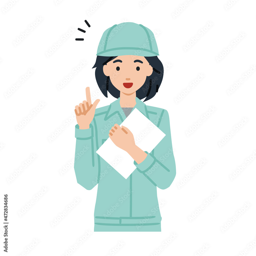 立って書類を手に持って何かひらめいた作業員の女性 立って書類を手に持って何かひらめいた作業員の女性