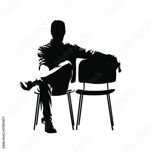 Business man sitting next to empty chair, isolated vector sihouette, front view