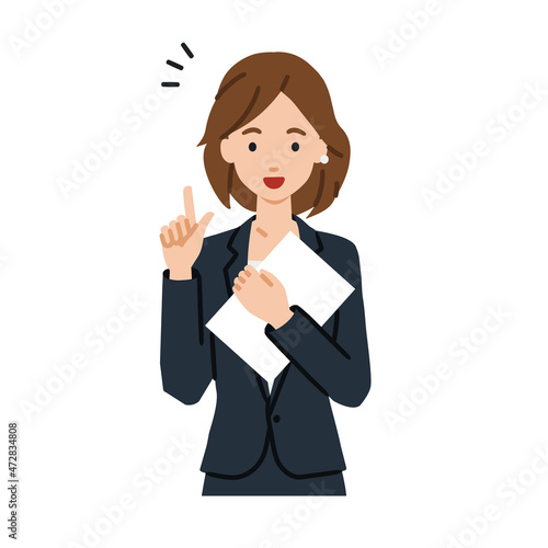 立って書類を手に持って何かひらめいたスーツの女性