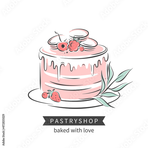 Сake with frosting and floral-berry decoration. Vector illustration for logo, menu, recipe book, baking shop and pastry shop.