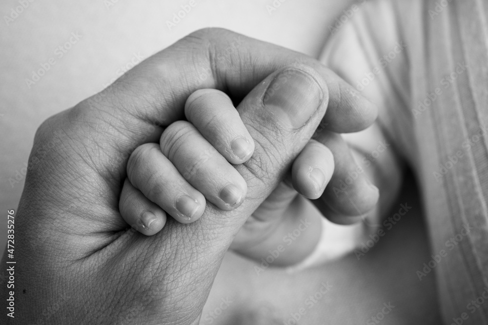 The newborn baby has a firm grip on the parent's finger after birth. Close-up little hand of child and palm of mother and father. Parenting, childcare and healthcare concept. Black and white photo. The newborn baby has a firm grip on the parent's finger after birth. Close-up little hand of child and palm of mother and father. Parenting, childcare and healthcare concept. Black and white photo.