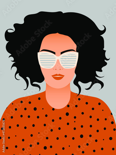 Stylish woman with lush black hair and retro glasses. International Women's Day. Mid-century contemporary art. Vector.