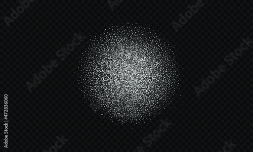 Sugar powder, salt vector texture isolated on black transparent background. White sugar particles. Vector flour illustration. Snow isolated on black.
