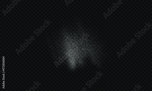 Sugar powder, salt vector texture, snow isolated on black transparent background. White sugar particles. Vector flour illustration. Snow isolated on black