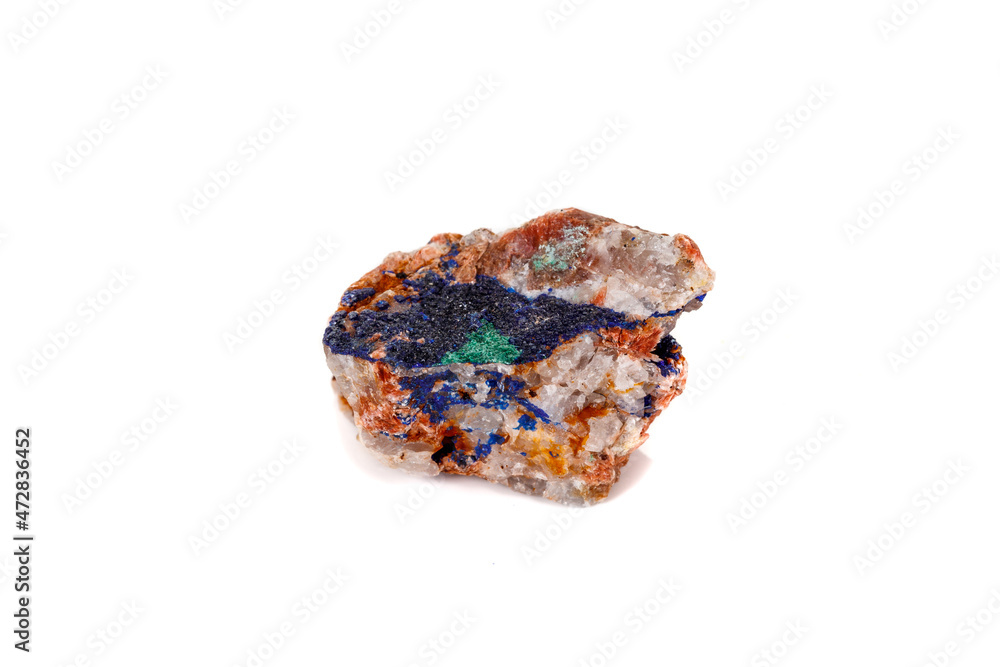 Macro mineral stone Malachite and Azurite against white background Macro mineral stone Malachite and Azurite against white background
