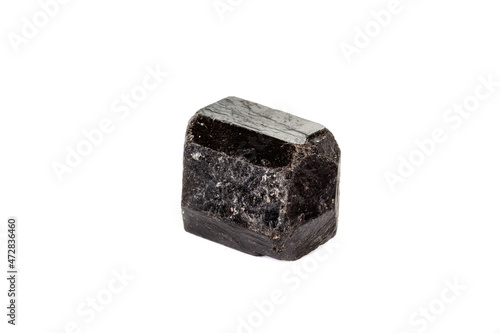 macro mineral stone schorl, black tourmaline on white background