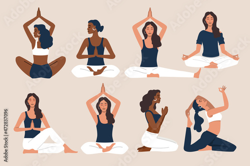 Young woman doing yoga exercises and practicing meditation vector. Female character