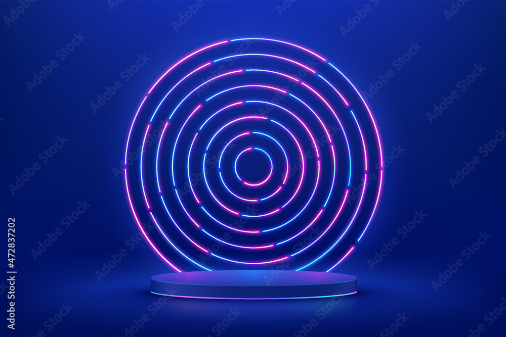 Abstract realistic 3d blue cylinder pedestal podium with Sci-fi dark blue abstract room with radial circles glowing neon lighting. Vector rendering product display presentation. Futuristic scene. Abstract realistic 3d blue cylinder pedestal podium with Sci-fi dark blue abstract room with radial circles glowing neon lighting. Vector rendering product display presentation. Futuristic scene.