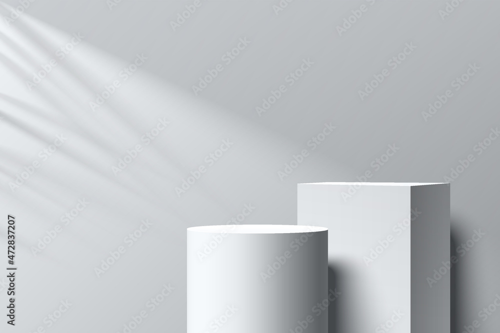 Abstract realistic 3D white geometric stand podium set with lighting and coconut leaf shadow. Minimal wall scene for product display presentation. Studio room. Vector geometric rendering platform. Abstract realistic 3D white geometric stand podium set with lighting and coconut leaf shadow. Minimal wall scene for product display presentation. Studio room. Vector geometric rendering platform.