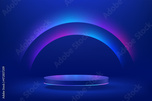 Abstract realistic 3d blue cylinder pedestal podium with Sci-fi dark blue abstract room with semi circle glowing neon lighting scene. Vector rendering product display presentation. Futuristic scene.