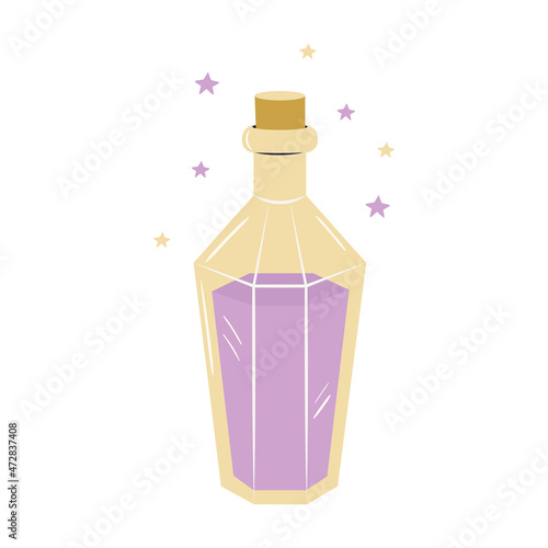 Hand drawn magic potion with cork isolated on white background. Glass bottle with mystic elixir. Witch shop jar with colorful liquid. Alchemy and esoteric vector illustration