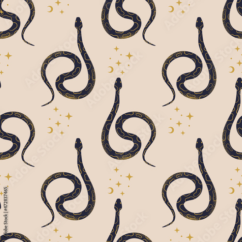 Seamless pattern with mystical black snake and  celestial stars symbols. Magic sacred creature boho background for print, textile, wrapping paper, cover, design. Hand drawn witch animal vector