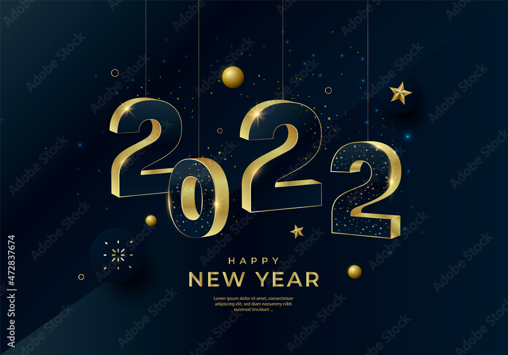 Happy New Year 2022 gold numbers typography greeting card design on ...