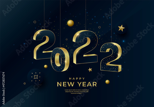Happy New Year 2022 gold numbers typography greeting card design on dark background. Merry Christmas invitation poster with golden decoration elements.