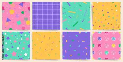 Memphis gaming random particles seamless patterns. Kid unisex decorative design. Square vector tiles set. Geometric shapes, triangles circles, emojis. stars, sticks. Yellow, pink, green, blue colors.