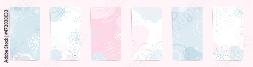 Winter snowflakes posts set with gift box presents, abstract watercolor shapes and Christmas decorations. Social network design templates in pink blue colors with winter geometric ornaments. Vector.