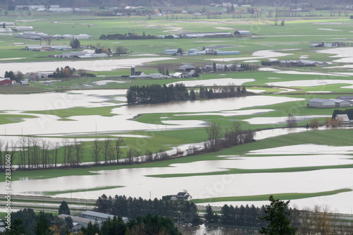 Devastating Flood Natural Disaster in the city and farmland after storm. Abbotsford, Greater Vancouver, British Columbia, Canada