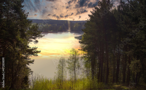 Very beautiful landscape with dramatic sky in Lithuania, view of the lake from the hill ladakalnis