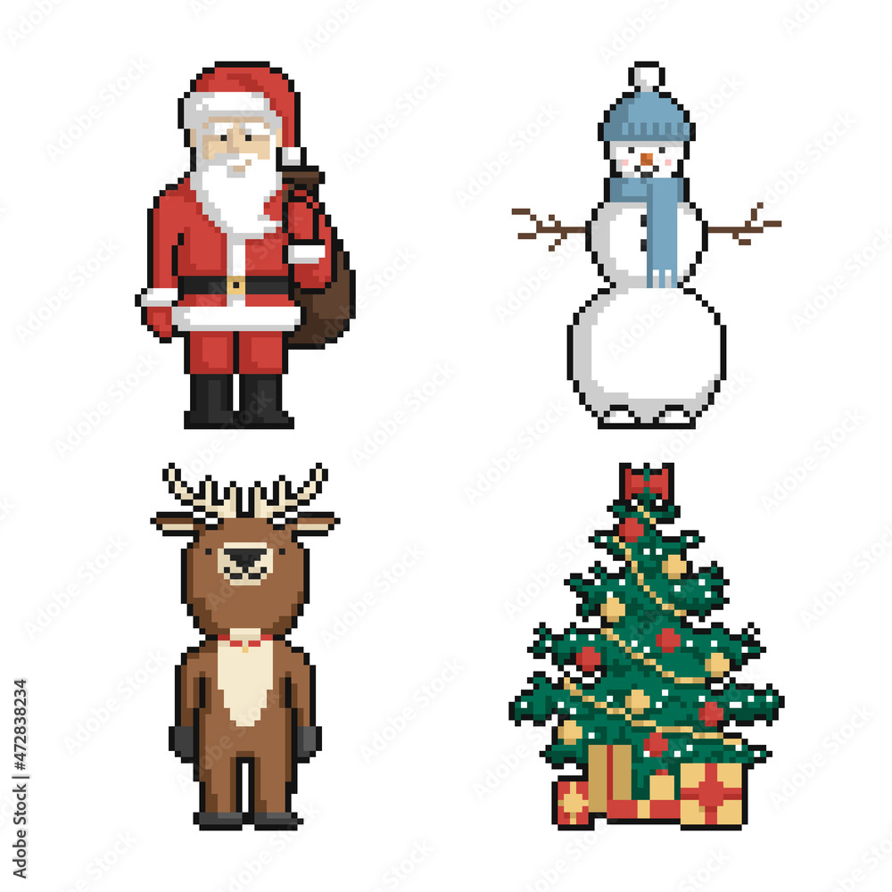 Pixel art set of funny cartoon Santa Claus, snowman, Christmas tree and deer. New Year and Christmas pixel art on white background.