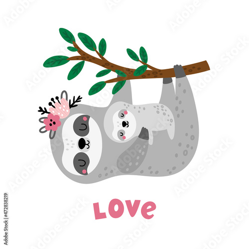 Cute sloths mom and baby sloth hanging on a tree branch. Cute sloth family in cartoon style isolated on white background. Childish animal illustration for kids print.