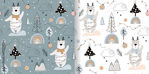 Christmas winter seamless patterns set for kids with cute bears, trees and rainbows, seasonal design for fabric, wallpaper, background