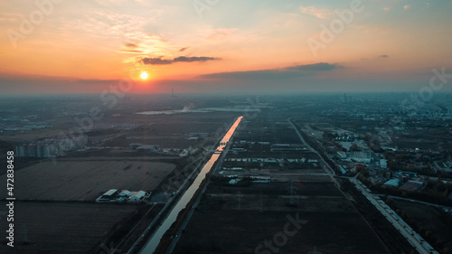 Aerial View of Sunset Over Bucharest City in Romania.