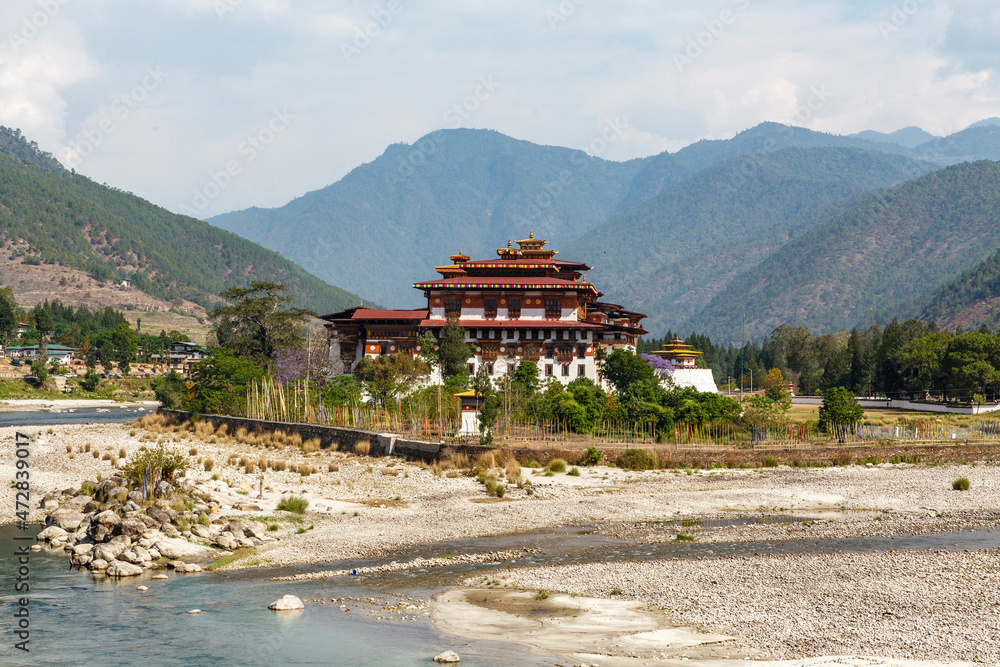 View at Punakha Dzong monastery and the landscape with the Mo Chhu river, Bhutan, Asia