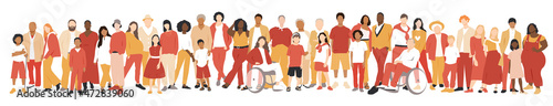 Multicultural group of mothers and fathers with kids. Flat vector illustration.