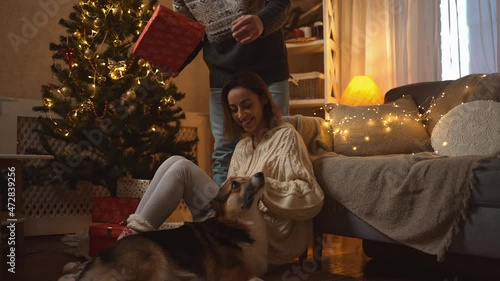 family celebrating Christmas with cute Corgi dog at festive decorated cozy house. happy smiling woman stroking dog and getting present in gift box from loving man on New Year celebration at home photo