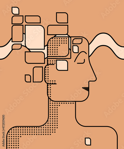 Therapy, psychotherapy, psychology concept. An open mind. Human head with a maze of problems and gears. Philosophical metaphor, personality. Abstract modern illustration about mental health.