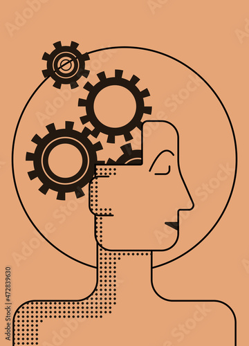 Therapy, psychotherapy, psychology concept. An open mind. Human head with a maze of problems and gears. Philosophical metaphor, personality. Abstract modern illustration about mental health.