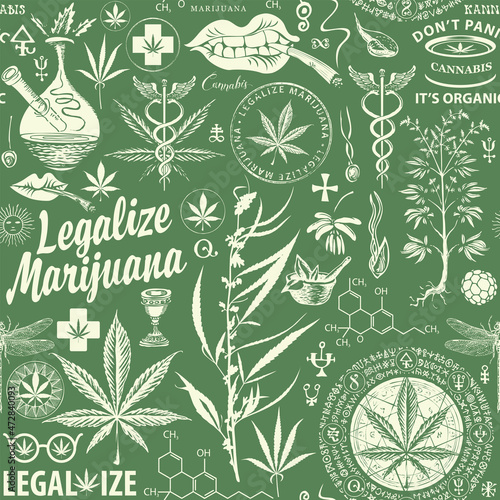 Vector seamless pattern in retro style on the theme of legalize marijuana. Monochrome repeatable background with hemp leaves, cannabis plants, other sketches and inscriptions on a green backdrop