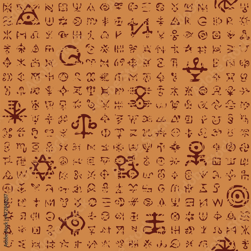 Vector seamless pattern with magical runes and esoteric signs in grunge style. Abstract monochrome background with mystical, occult symbols on a brown backdrop. Wallpaper, wrapping paper or fabric © paseven