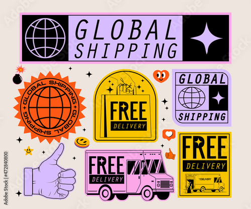 Vintage retro styled delivery and shipping stickers or badges or labels set. Vector illustration