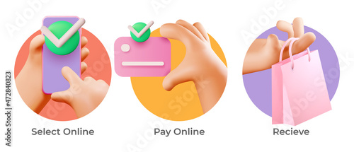 Online shopping and delivery icon set with 3d handy hands in colorful circles. Vector illustration