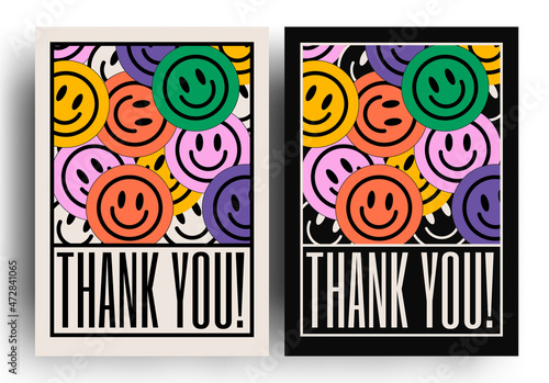 Thank you card or poster design template with colorful emoji composition. Vector illustration
