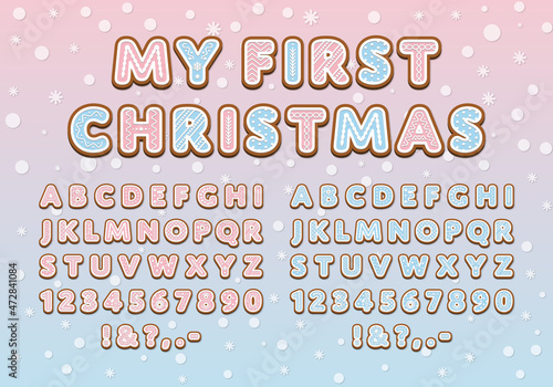 Blue Pink Gingerbread font My first Christmas letters and numbers Cookie Alphabet for kids Winter gender reveal party