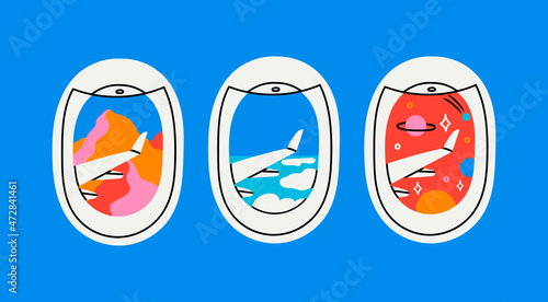 View through the porthole of aircraft. Airplane windows set. Various skyscapes through portholes. Mountain, space, planets, clouds and wings. Hand drawn Vector illustration. Travel, journey concept photo