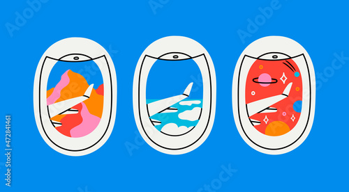 View through the porthole of aircraft. Airplane windows set. Various skyscapes through portholes. Mountain, space, planets, clouds and wings. Hand drawn Vector illustration. Travel, journey concept