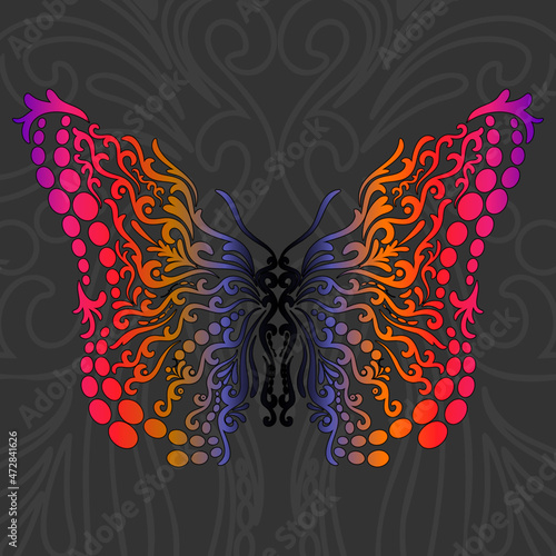 Black, Pink, Orange and Purple Decorative Filigree Scroll-work Butterfly on Gray Accented Background