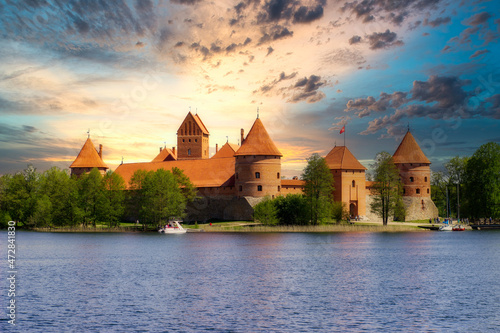 Magnificent Trakai Castle in Lithuania. Dramatic sunset and fantastic scenery