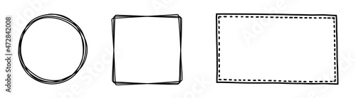 Hand drawn frames. Set of blank black square and round hand drawn sketches