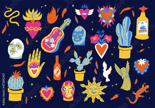 Vector illustration set of mexican culture symbols with traditional objects catholic religion symbolic.