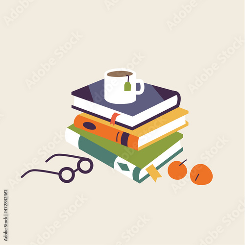 Vector illustration vertical stack different books in hardbacks with bookmarks and with cup of coffee on the top and apples, glasses.